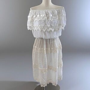 Vintage Mexican Off-Shoulder White Cream Lace Tiered Wedding Midi Dress OS S M L